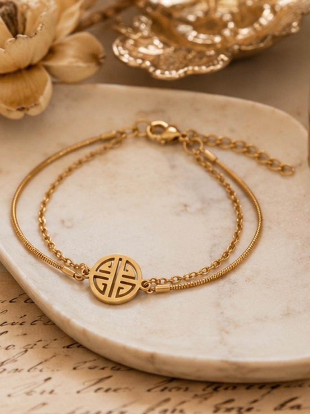 Designer Inspired Gold Double Chain Medallion Bracelet